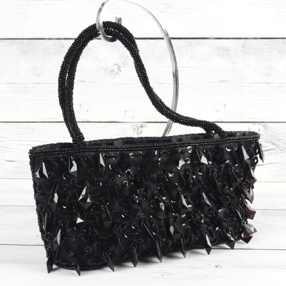 Bijoux Terner Black Satin Beaded Mini Bag